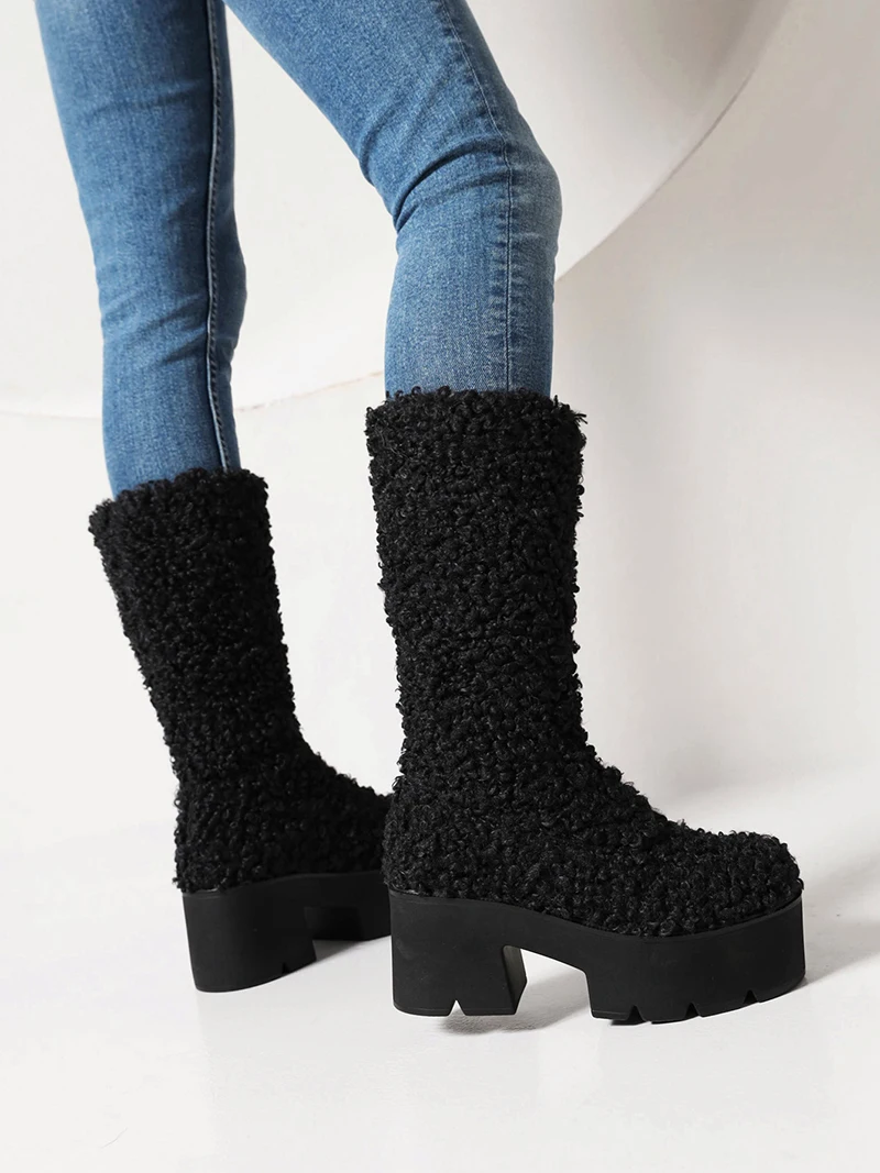 Sheep Shearing Heightened Women's Medium Boots Knitted Wool Super High Thick Heel Slip On Warm Women's Snow Boots