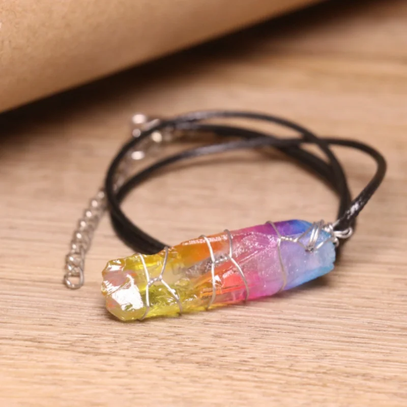 New Jewelry Necklace Natural White Crystal Wrapped Silk Single Crystal Hexagonal Column Color Pendant
