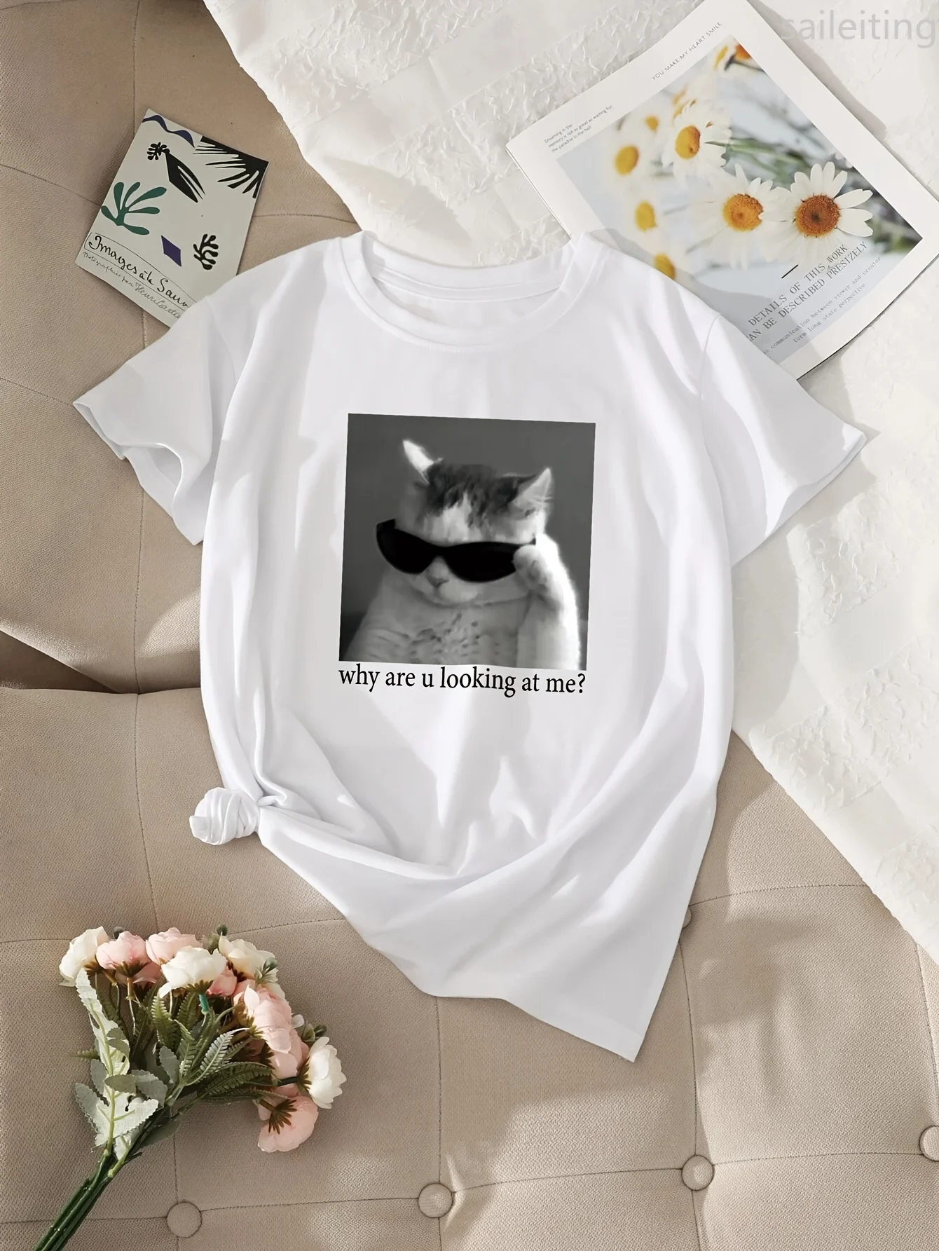 

Cat Print T-shirt Casual Short Sleeve Crew Neck Top for Spring Women's Harajuku Sleeve Casual Clothing Street Aesthetic Clothes