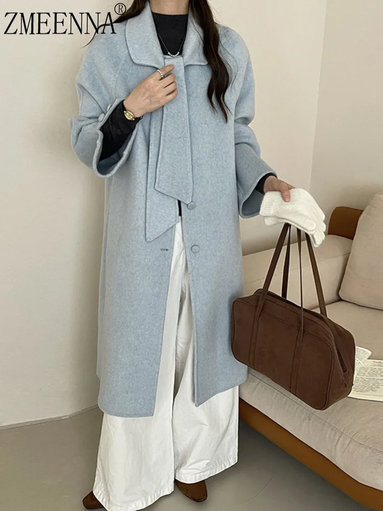 

ZMEENNA Womens Elegant Pastel Blue Wool Blend Long Coat With Collar Tie Front Longline Winter Outerwear Chic ZM3656