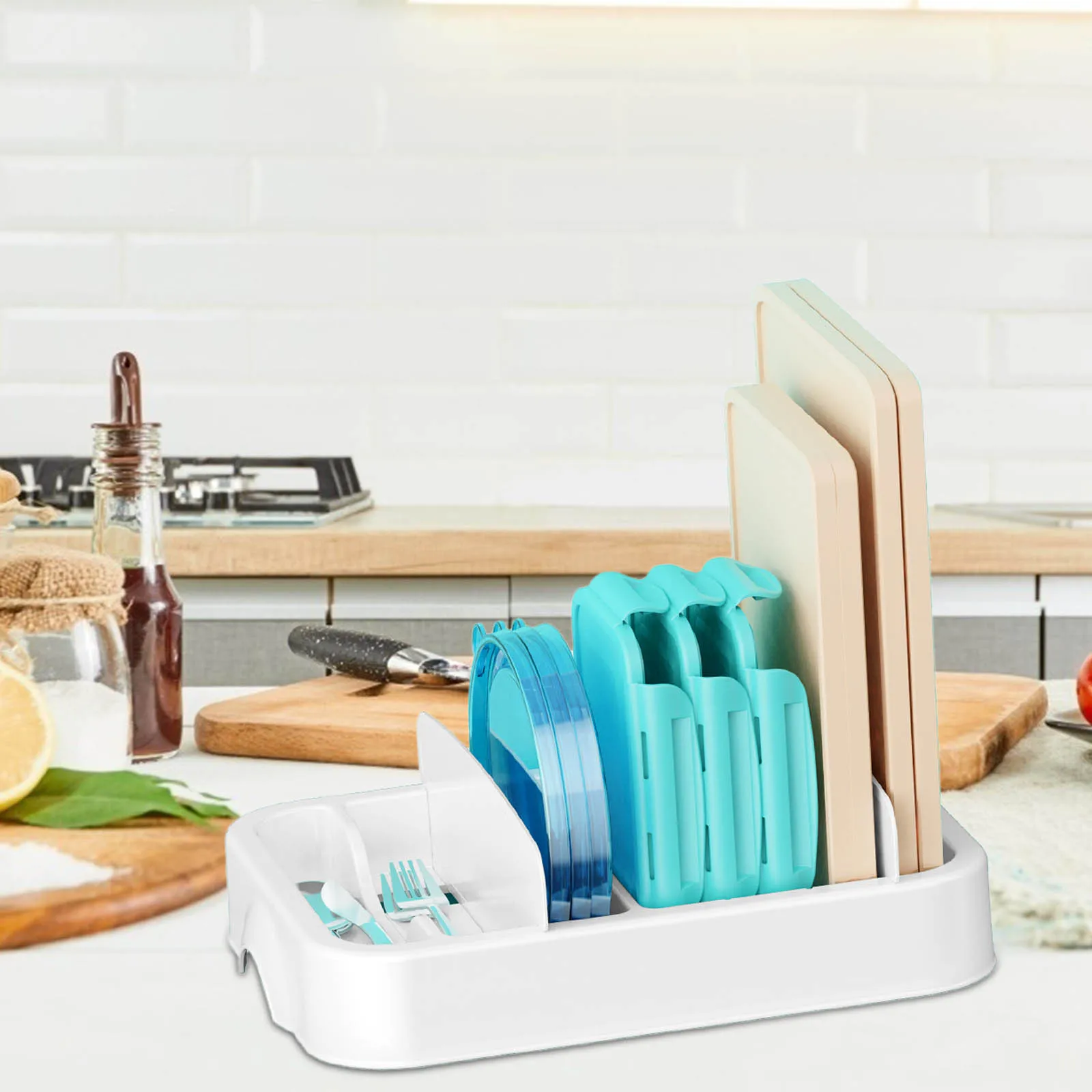 

Knife Fork Organizer With Dividers Removable Tray For Utensils Cutlery Lid Plate Baking Mat Cabinet Countertop Storage