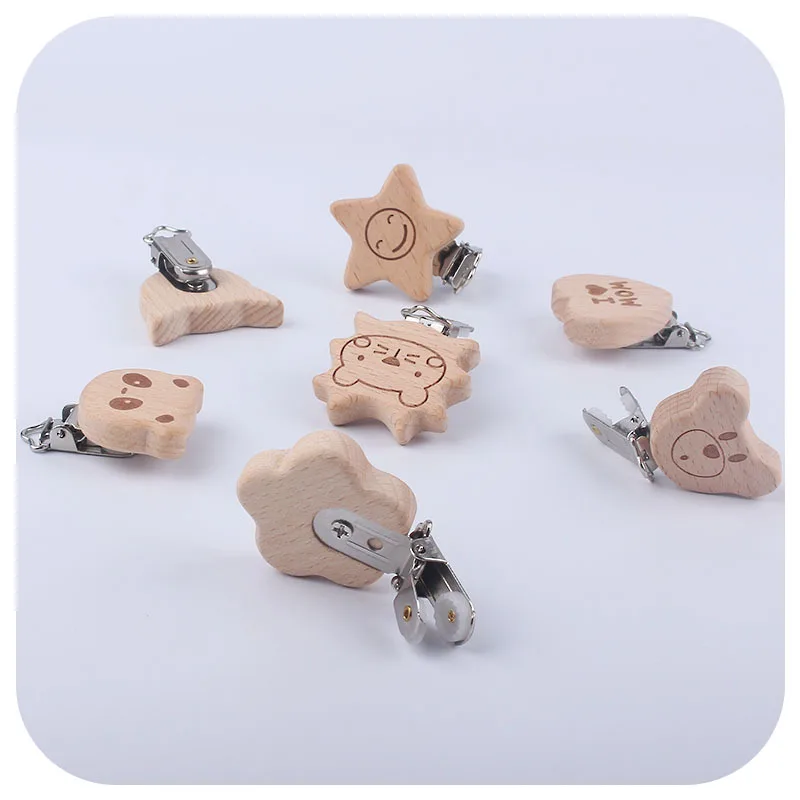 5Pcs/Lot Metal Wooden Pacifier Clip Soother Chewable Teething Food Grade Beech Soother Clasp Teether Nursing Accessories