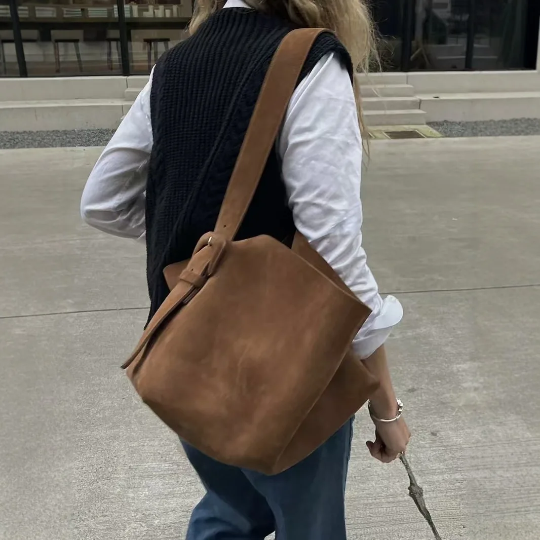 CGCBAG Vintage Lage pojemność damska torba z grubej bawełny jakość skóra nubukowa wiadro damska torba na ramię projektant luksusowe torebki damskie — zdjęcie 3