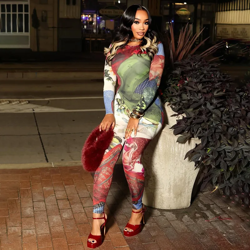 أنيق سيدة ثلاثية الأبعاد مطبوعة الشارع حللا 2025 الخريف المرأة طويلة الأكمام س الرقبة محب Bodycon مثير نادي وزرة الحفلات