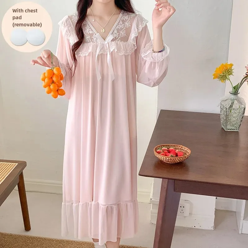 Spring Autumn Women's French Lace Long Sleeve Vintage Court Style Loose-fit Nightgown Sleepshirt Homewear Medium-length