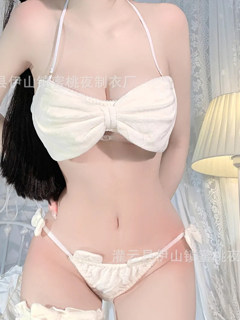 

New Style Bikinis Set Sexy Plush Three Point Bow Passionate Velvet Role Playing Sweet Cute Backless Fashion V Neck Erotic S0Z7