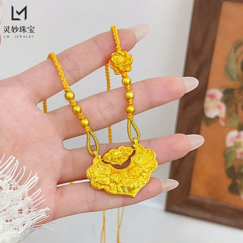 

9999 24K real gold luxury jewelry Pisces Koi lock pendant necklace Peace lock sweater chain Chinese style fashion women