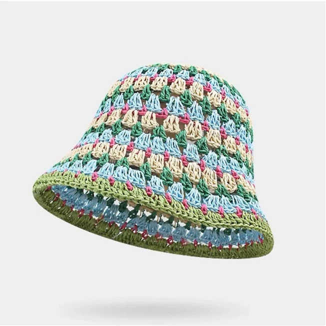 Colorful dopamine striped hollow straw hat for women summer seaside vacation fisherman hat 2