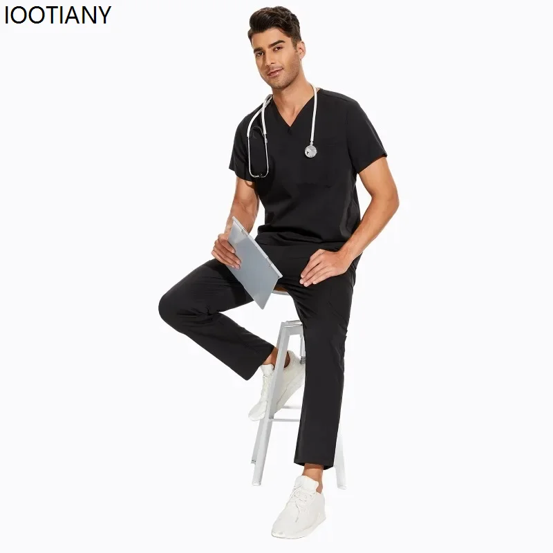 Men Solid Color Doctor Surgery Clothing Medical Uniform V-neck Clinic Hospital Work Clothes Pharmacy Nurse Set Beauty Salon Suit