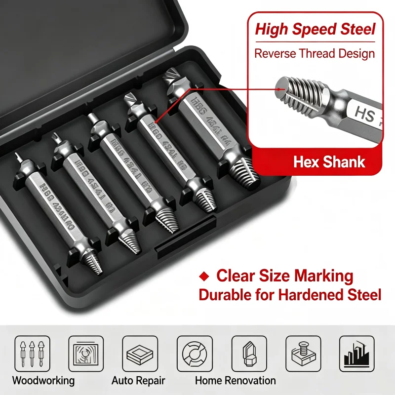 5Pcs Damaged Screw & Bolt Extractor Set, High Speed Steel Reverse Thread Remover, Hex Shank Drill Bit for Home & Automotive Repa