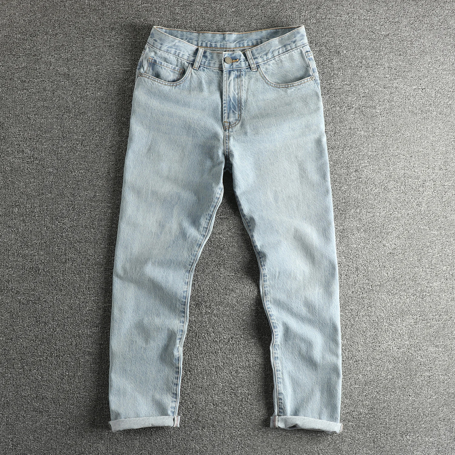 

Men's Sky Blue Vintage Stone Washed Jeans - Classic Straight Fit American Retro Denim Pants