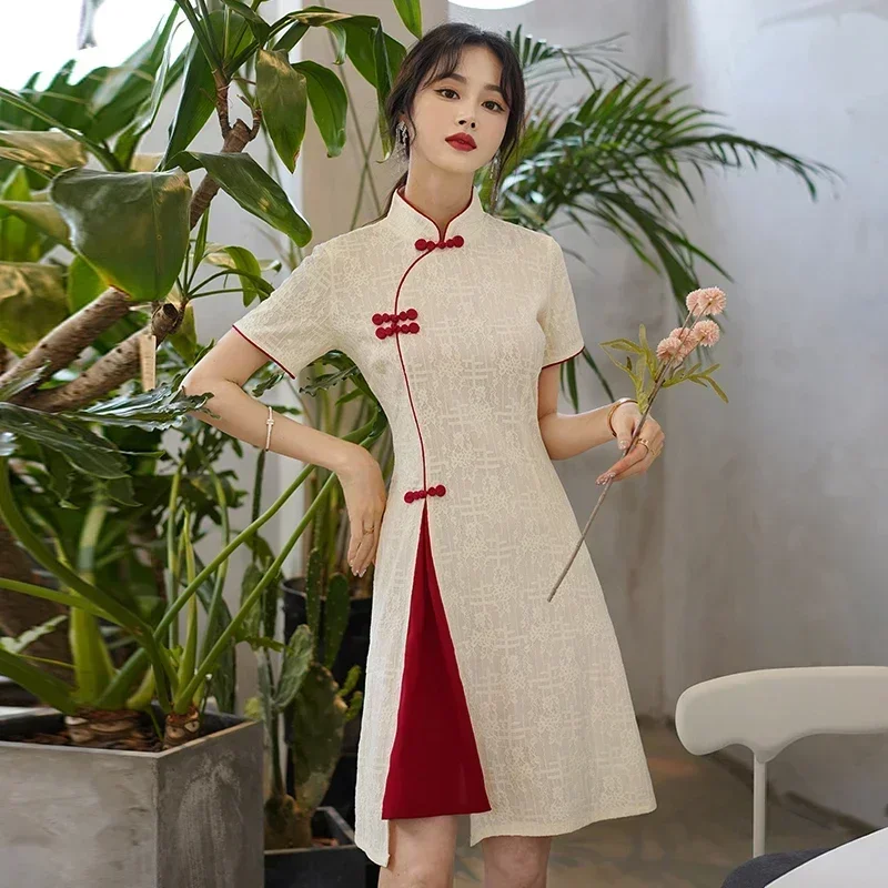 

Vintage Chinese Traditional Casual Party Women Qipao Dress Summer Stand Collar Short Sleeve Cheongsam CNY