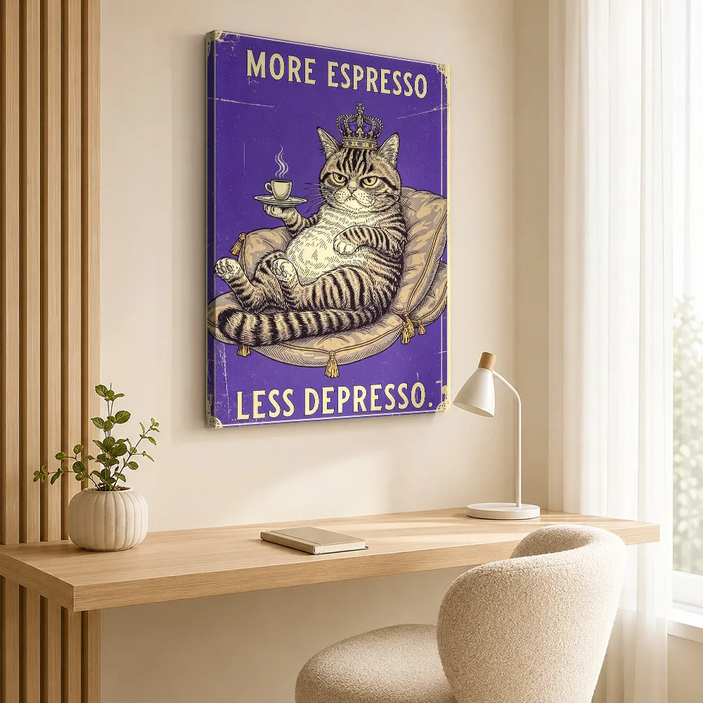 More Espresso, Less Depresso Cat Canvas Print Poster Custom Funny Animal Canvas Wall Art for Bedroom Decor Gift for Collectors