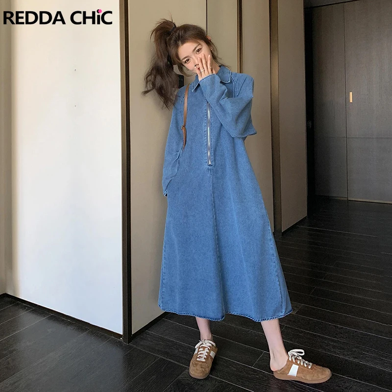 REDDACHiC Half Zip Polo Neck Tunic Dress Women Long Sleeves A-line Loose Solid One-piece Denim Shirt Dress Casual Autumn Clothes