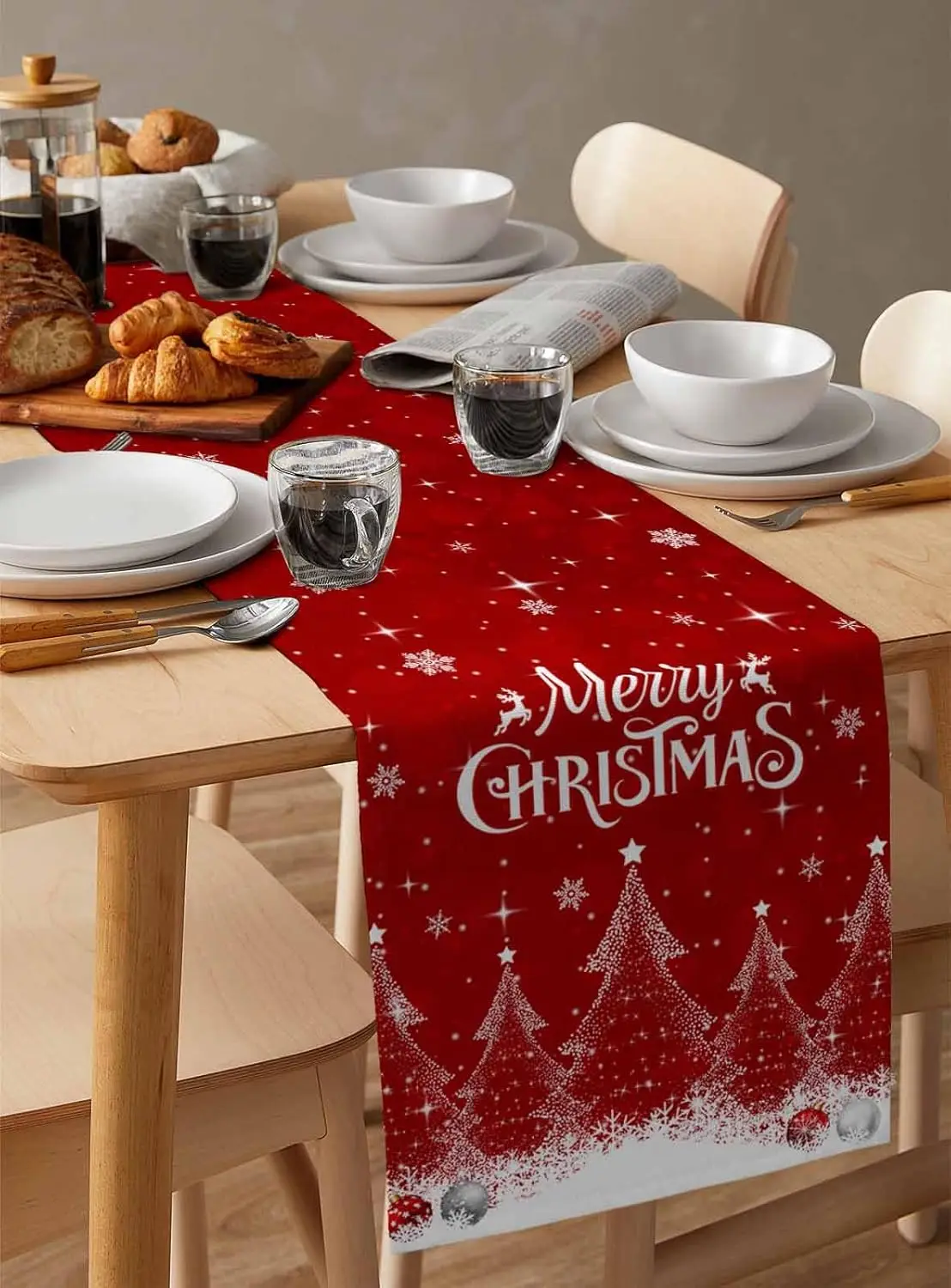 Christmas Snowflake Xmas Tree Linen Table Runner Party Decor Reusable Winter Kitchen Dining Table Runner Christmas Decorations