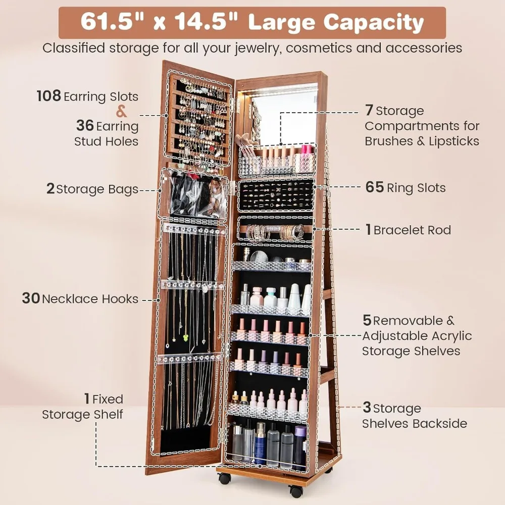 Jewelry Cabinet Armoire with Wheels, 64