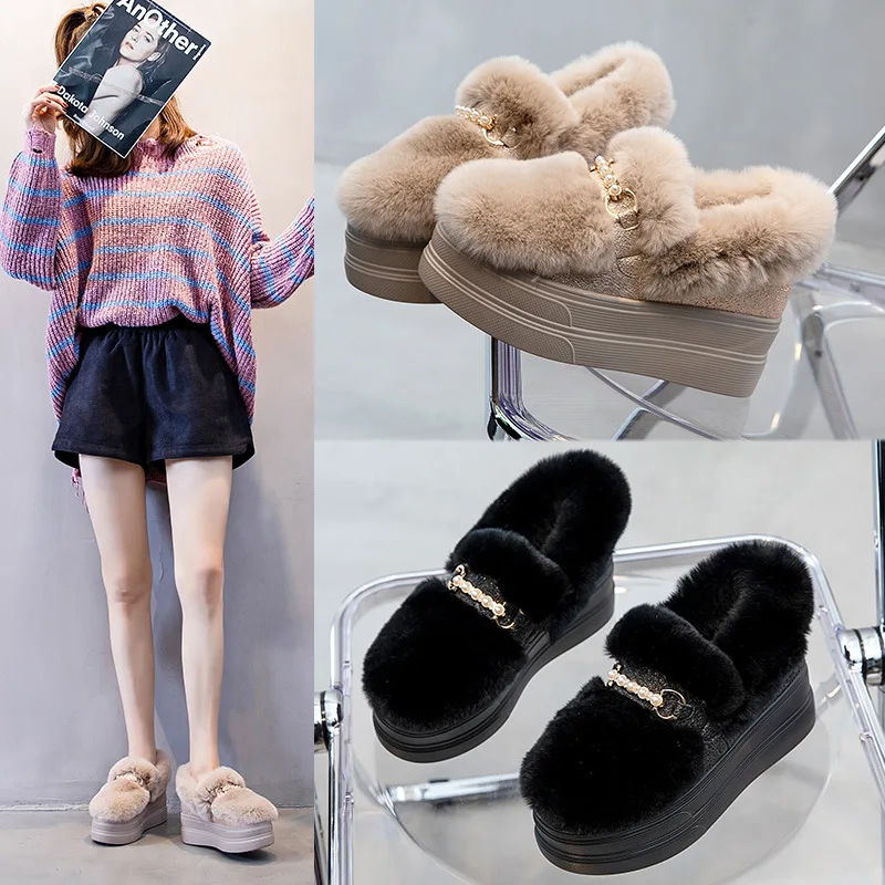 Winter Shoes Women Low Heels Round Toe Casual Female Sneakers Increas Height Clogs Platform New Creepers Fabric Fur High Flock A