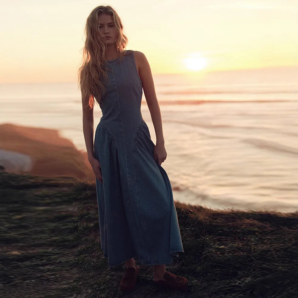 Elegant Backless Lace Up Blue Denim Dress Women Casual O Neck High Waists Sleeveless A Line Dress 2025 Summer Fashion Long Dress