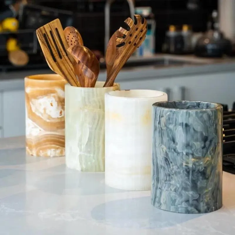 Natural Striped Agate Stone Kitchen Utensil Rack Hand Carved Limestone Marble Cylindrical Tableware Storage Vase for