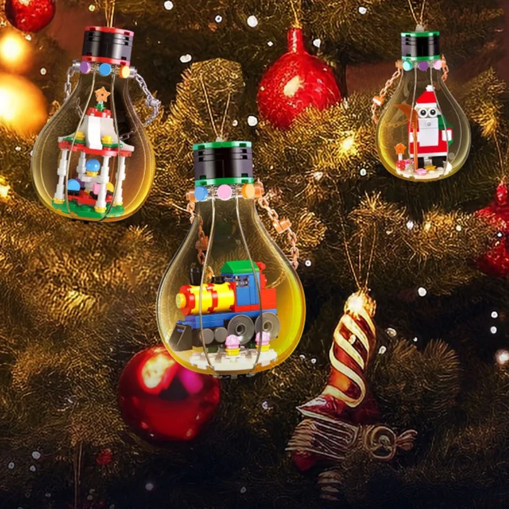 

MOC Winter Lighting Christmas Hanging Bulb Snowman Elk Santa Claus Building Block Set Festival Tree Lamp Decor Toy For Xmas Gift