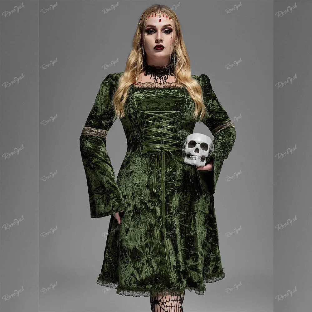 ROSEGAL Plus Size Gothic Velvet Dress Green Square Collar Lace-up Lace Trim Bell Sleeves Dress Women Semi Formal,Vacation Dress