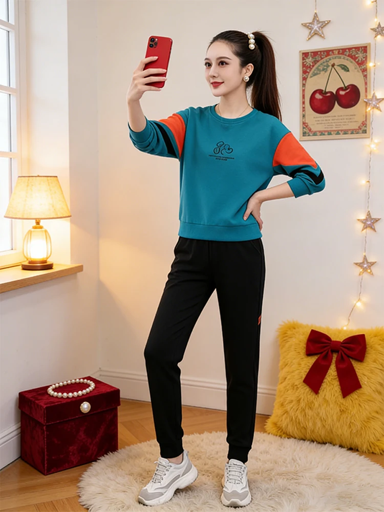 

Casual Sportswear Set Women Spring Autumn 2026 New Faion Slimming round Ne Sweatirt Two Piece Set High Waist Long Pants