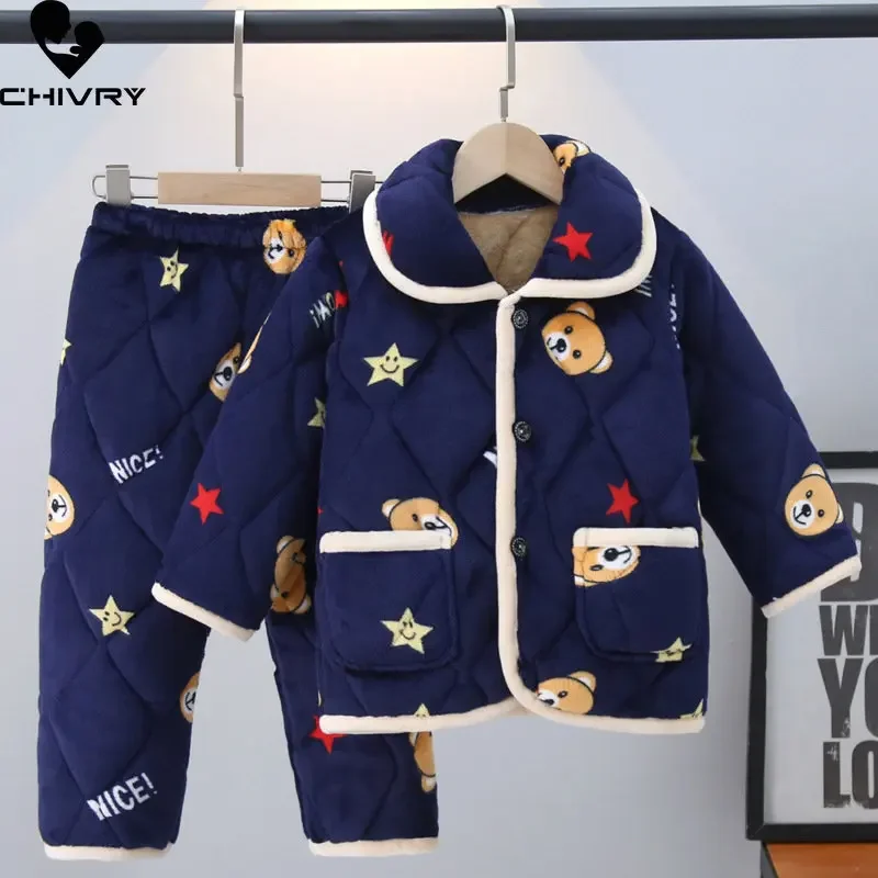 New Winter Kids Flannel Cotton-padded Thick Warm Pajamas Cartoon Lapel Pyjamas Sets Baby Boys Girls Sleepwear Clothing Home Wear