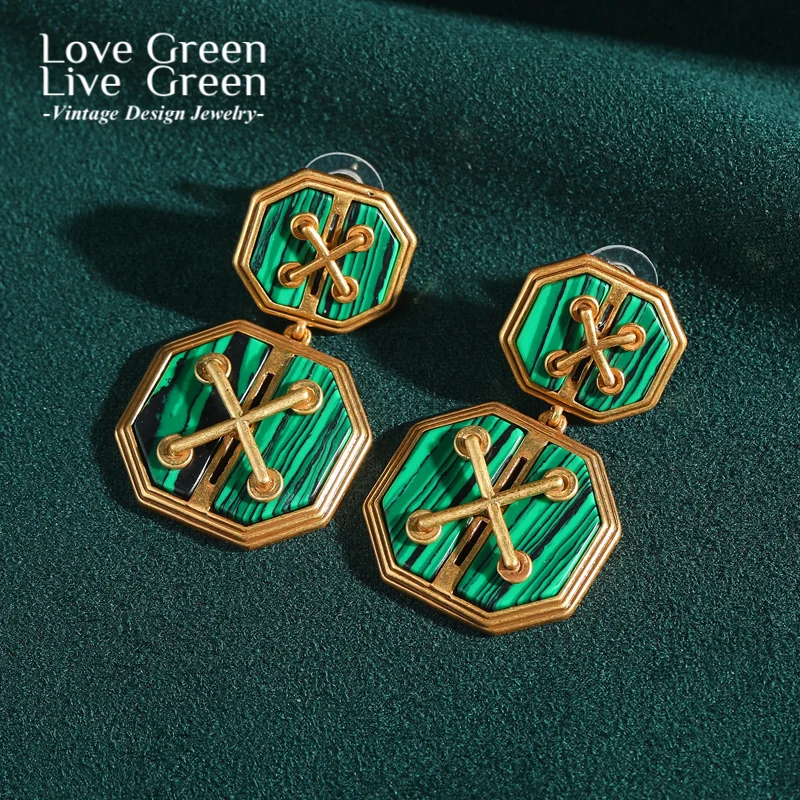 

Роскошные квадратные малахитовые зеленые серьги, висячие золотые серьги с крестом, антикварные дизайнерские винтажные украшения, аксессуары высокого качества 2025