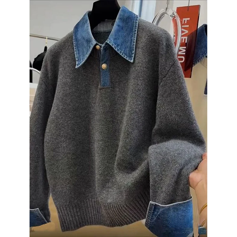 Damski sweter z dzianiny patchworkowej z denimu Harajuku Y2K, luźny, casualowy pulower z długim rękawem, gruby, ciepły, szykowny sweter w stylu amerykańskim.