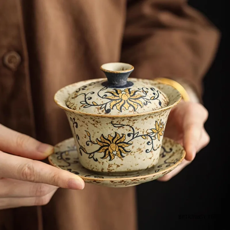 

Chinese Retro Handmade Ceramic Gaiwan Hand-painted Flowers Pattern Teacup Household Travel Tea Bowl Portable Teaware Accessories