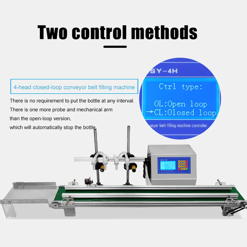 Automatische kleine 4-kops vloeistofvulmachine met transportband Nauwkeurig vullen Anti-druppelontwerp voor drankcosmetica-efficiëntie