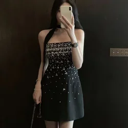 Sexy Women Diamonds Beaded Backless Strapless Dress Summer A-line Rhinestones Party Dress Crystal Tube Top Dress;Vestidos Mujer