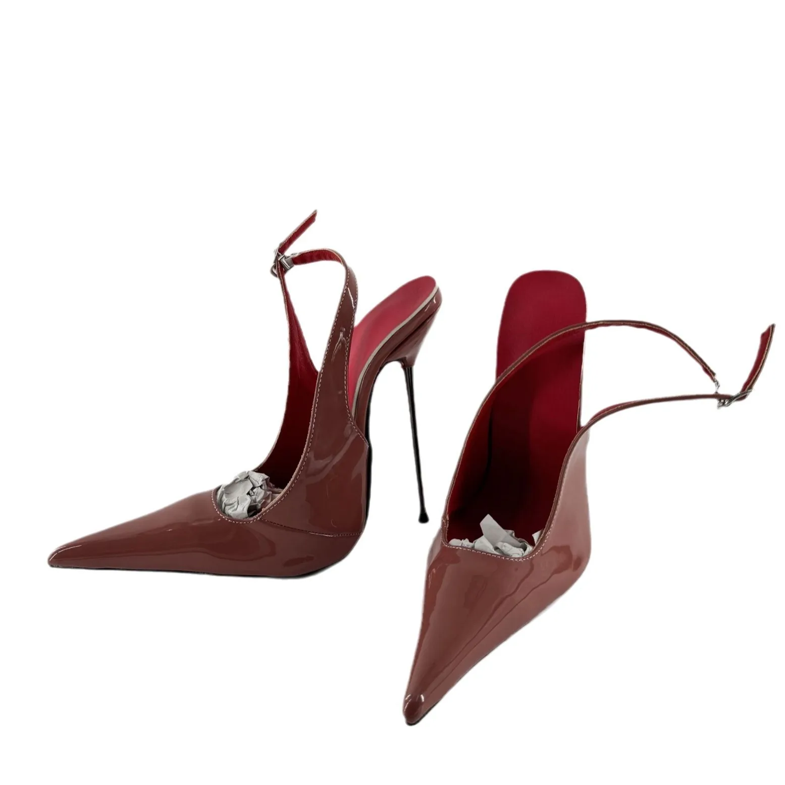 High heels patent leather long pointed shallow mouth designer style sexy and fashionable men\'s and women\'s buckle with red linin