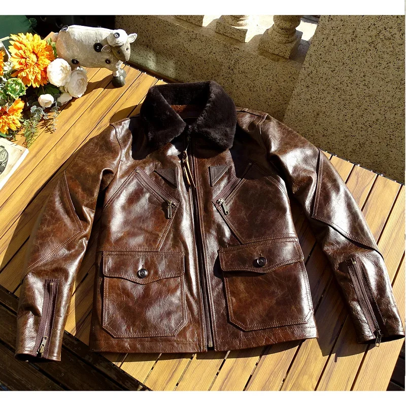 Shop Best.Retro Brown navy thick winter warm leather outwear.Men vintage tanned cowhide jacket.plus size coat