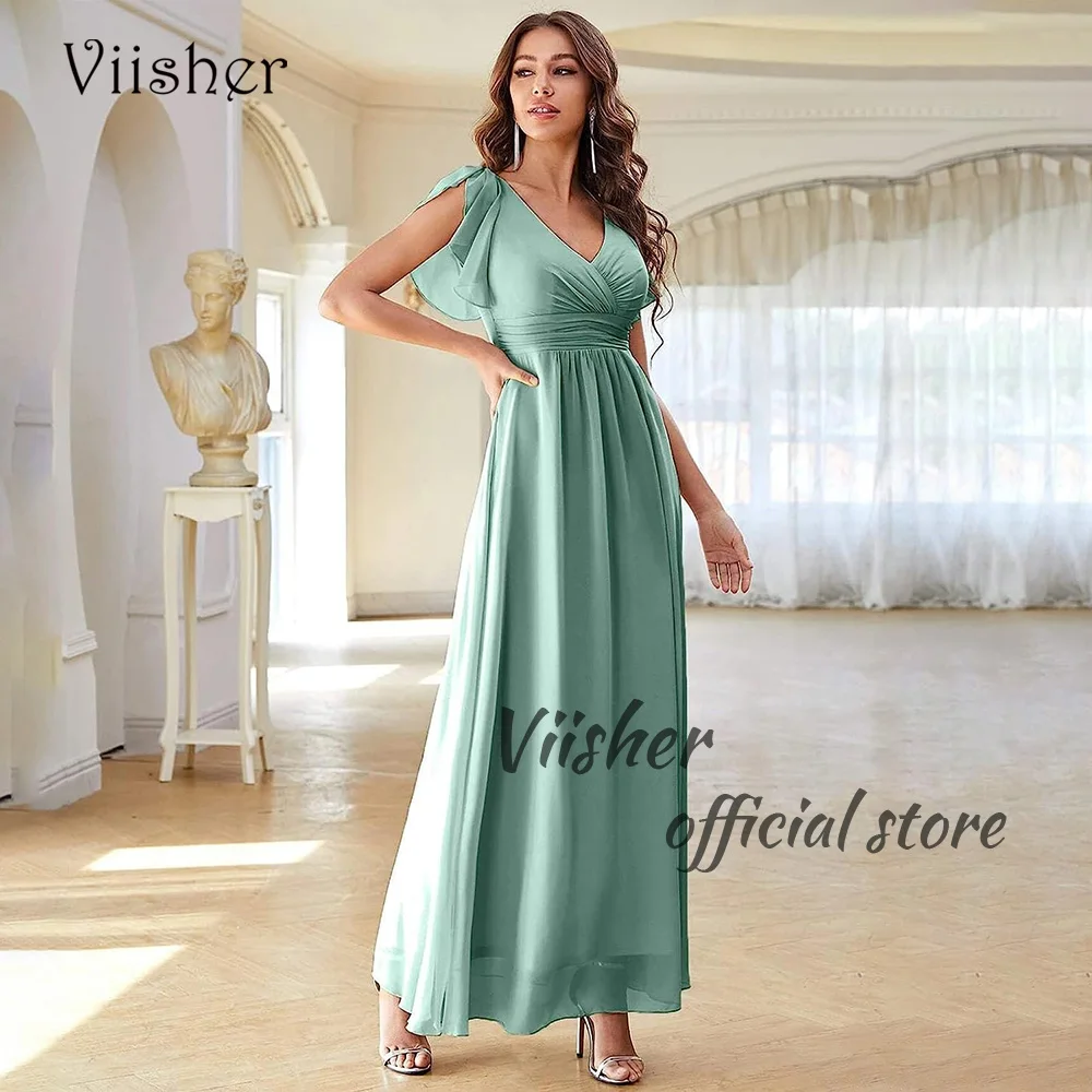 

Viisher Aqua Chiffon Bridesmaid Dresses Pleats V Neck A Line Bridesmaid Dress Floor Length Formal Dress Lace Up Back