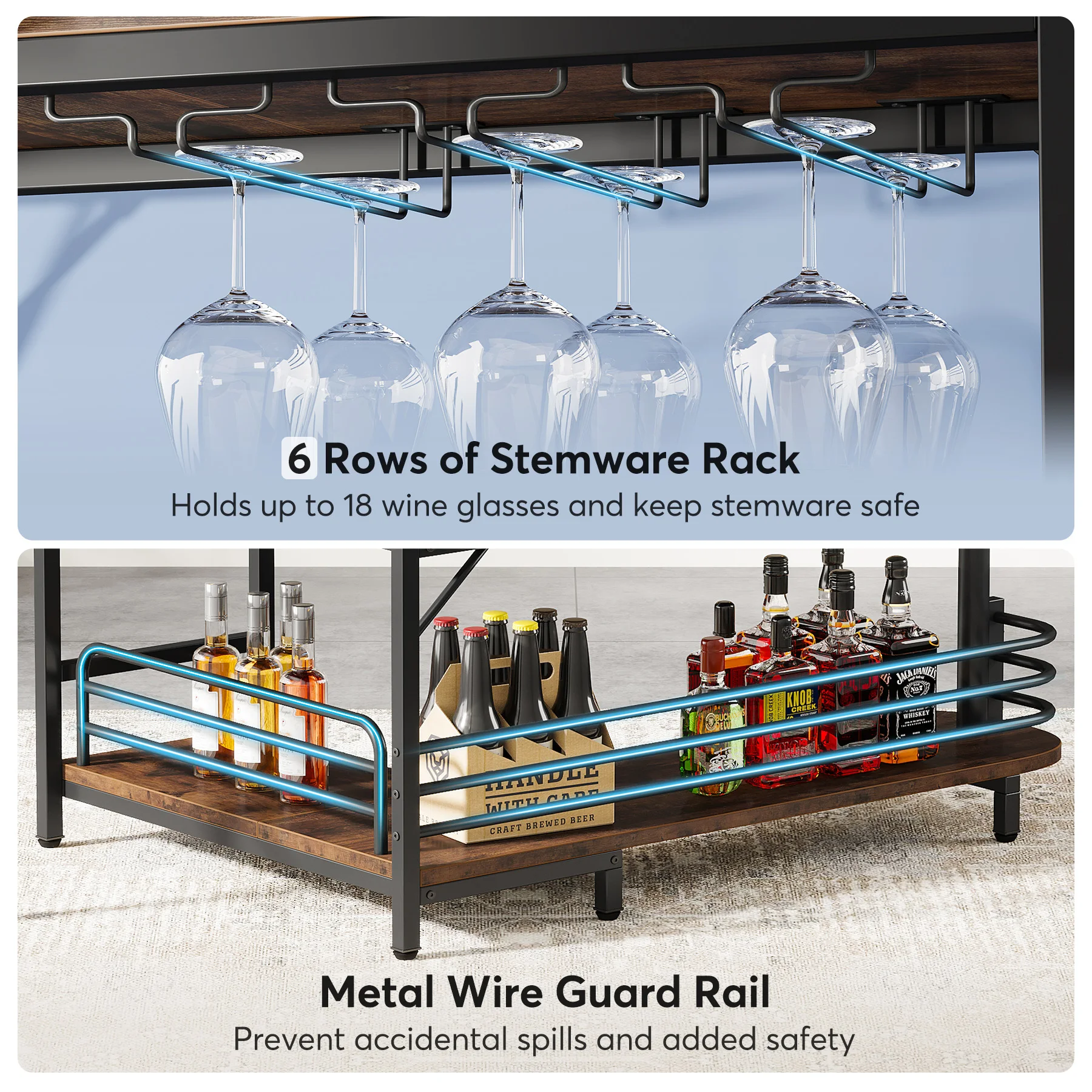 Tribesigns Unit Bar Rumah Bentuk L 3-Tingkat Meja Bar Minuman Keras dengan Rak Penyimpanan dan Tempat Gelas Anggur untuk Dapur Ruang Tamu