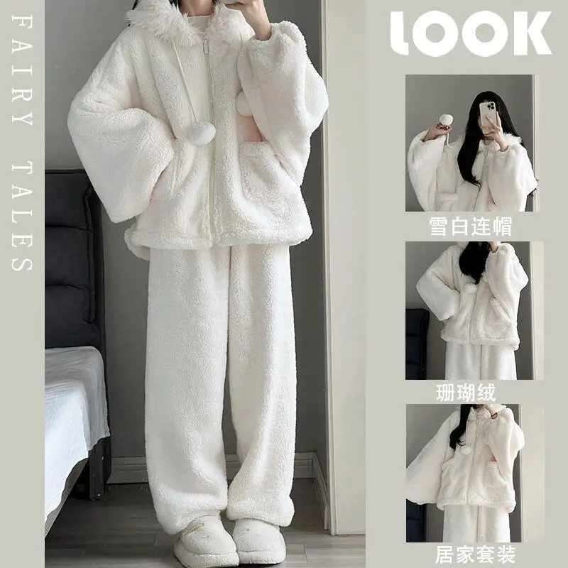 

Одежда для отдыха из кораллового флиса для девочек, осенне-зимняя теплая одежда с капюшоном и длинными рукавами, брюки, милый комплект одежды для дома, комплект из двух предметов, допамин