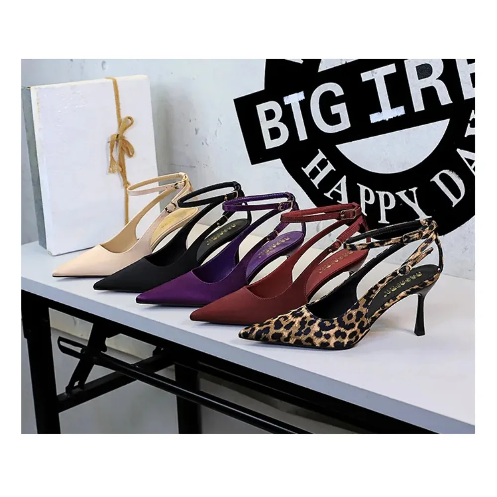 European Style Sexy Leopard Satin High Heels Women Pointed Toe Cutout One Strap Thin Heel Pumps
