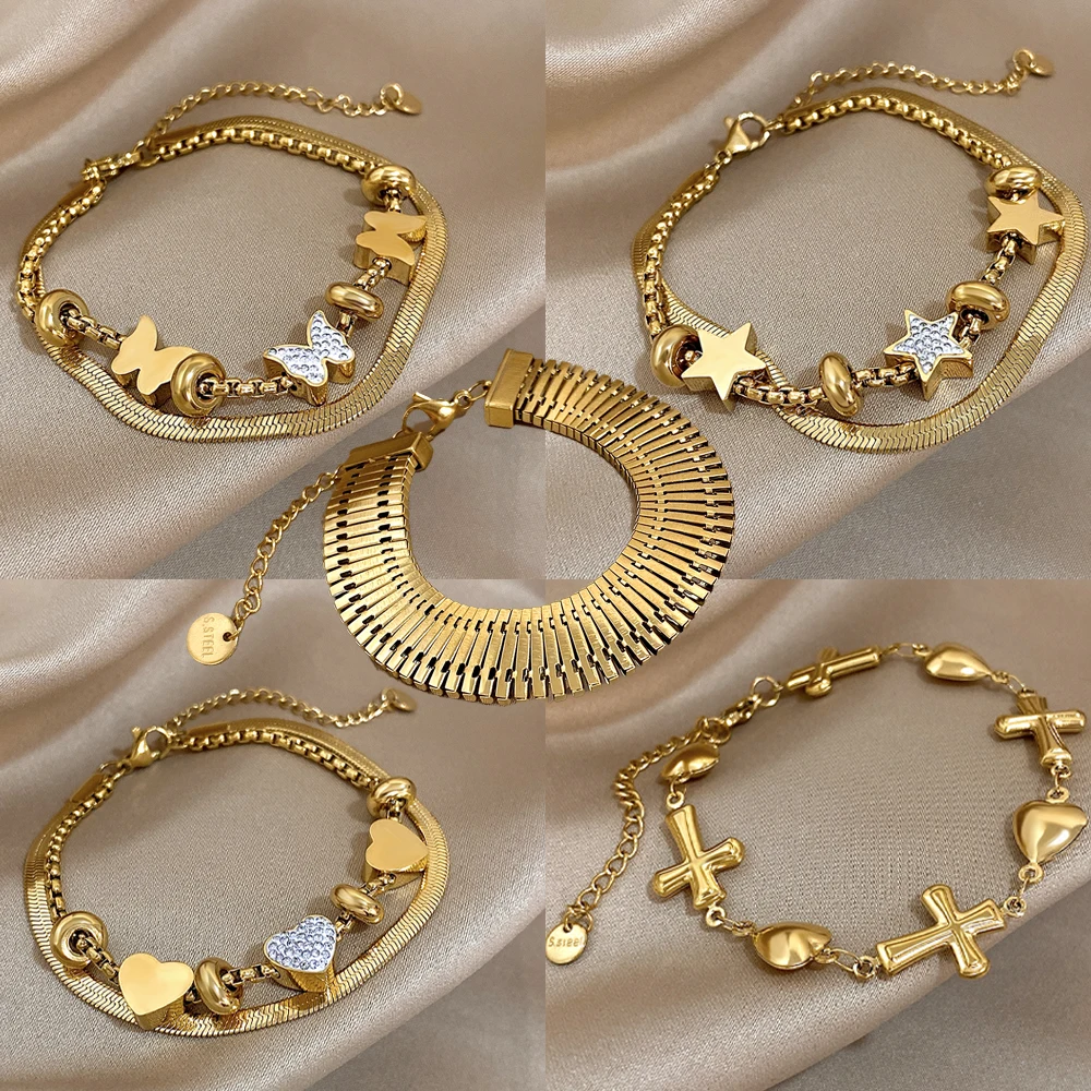 Greatera Women\'s Multiple Bracelet Personality Double-deck Chain Love Pattern Couple Gift Gold Color Stainless Steel Jewelry New