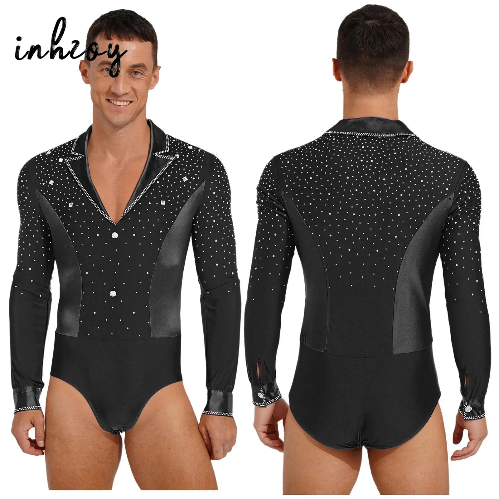 ラテンタンゴダンスレオタード体操ボディスーツメンズ大人用キラキララインストーン長袖パッチワークコスチュームフィギュアスケート