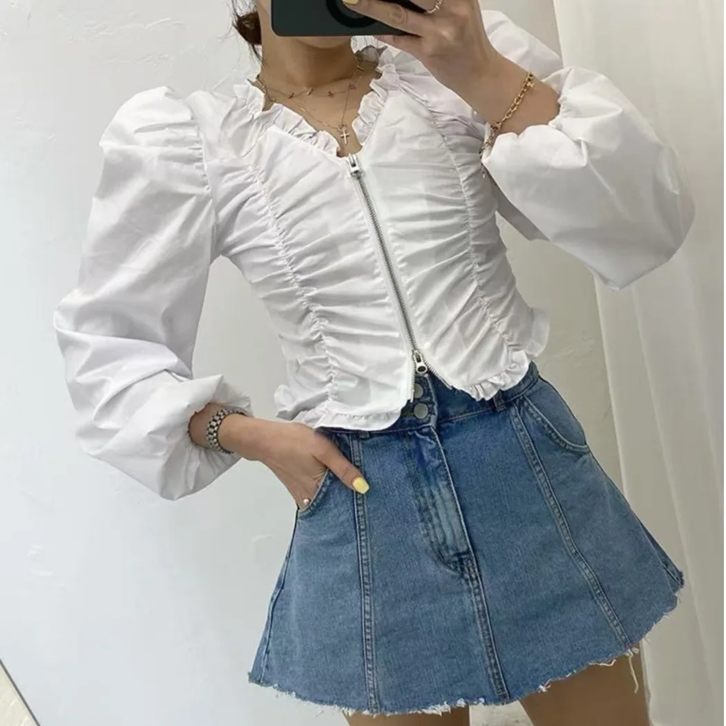 قميص نسائي بأكمام فقاعية قصيرة على الطراز الكوري، أزياء خريفية مبكرة، سترة أنيقة بسحاب وتصميم شخصي، قميص طويل الأكمام ضيق