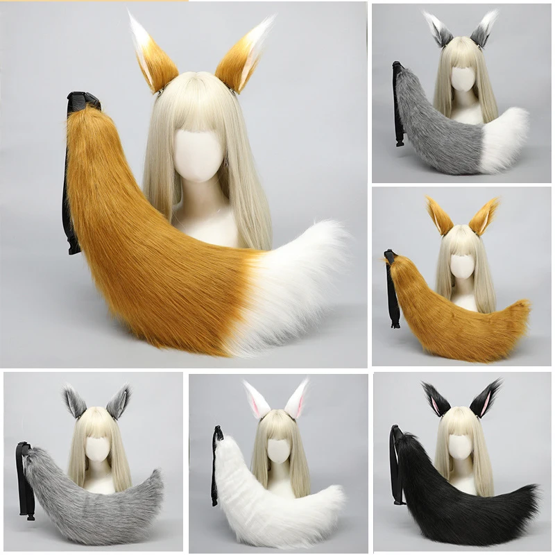 Simulation Plush Fox Wolf Ears Tail Set Khaki Black White Animal Cosplay Accessories Handmade Girls Kwaii Lolita Jk Costume Prop