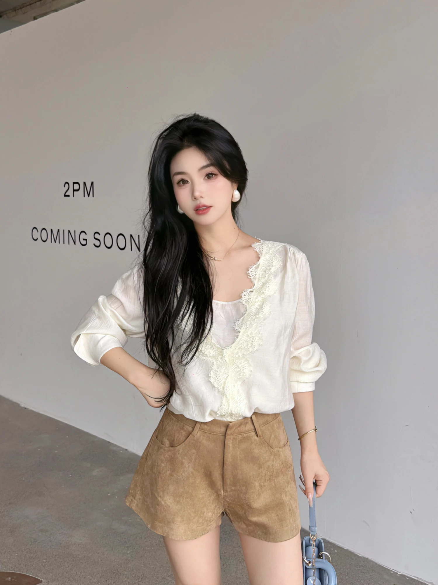 

Французская кружевная блузка с длинным рукавом для женщин, летняя, с защитой от солнца, имитация двухслойности, элегантный свободный крой, модная