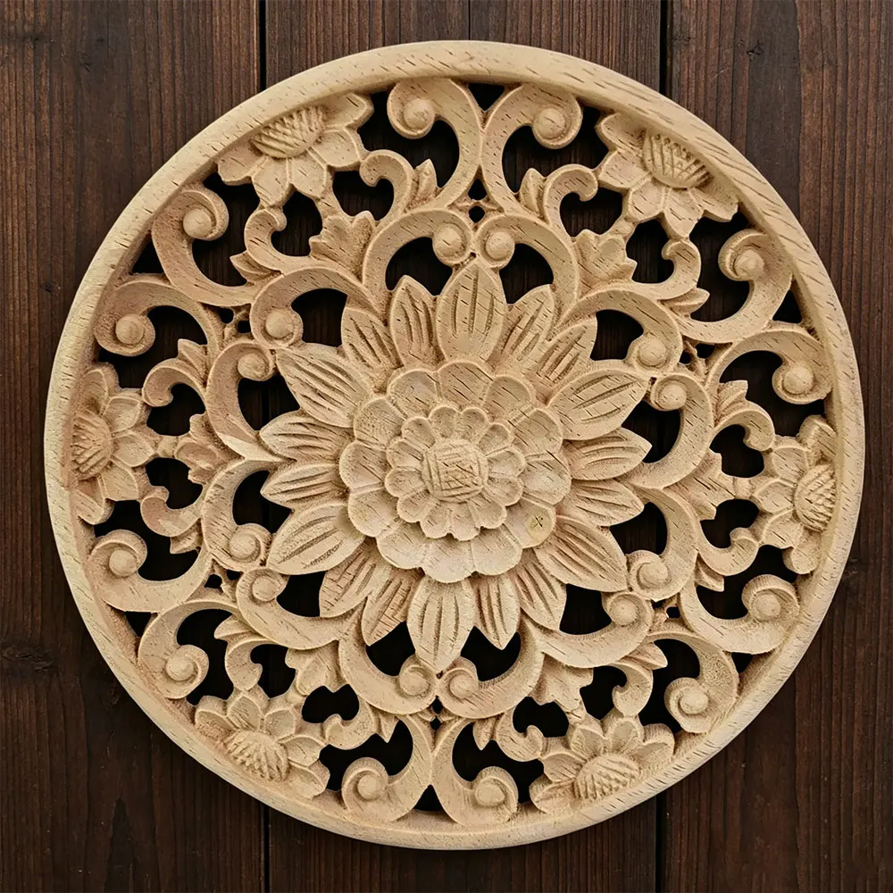 

2PCS 10/15/20/24/30cm Carved Flower Round Wood Appliques for Furniture Cabinet Unpainted Wooden Mouldings Decal Decor Figurines