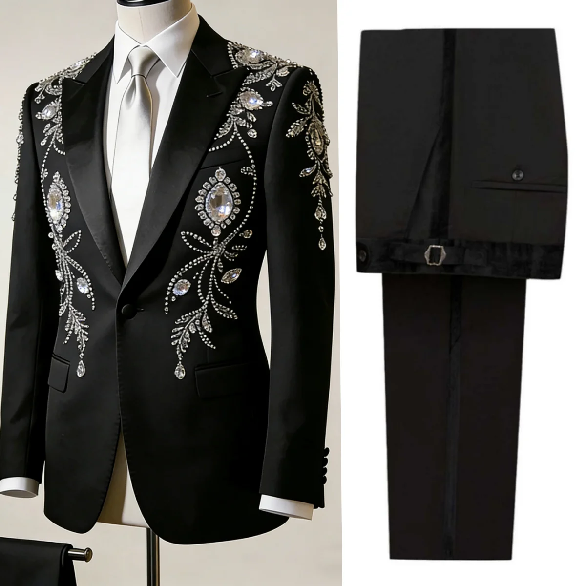 

Luxurious Men Wedding Tuxedos Shawl Lapel One Button Blazer Sets Crystals Beaded Business Occasion Party Customized 2 Pieces