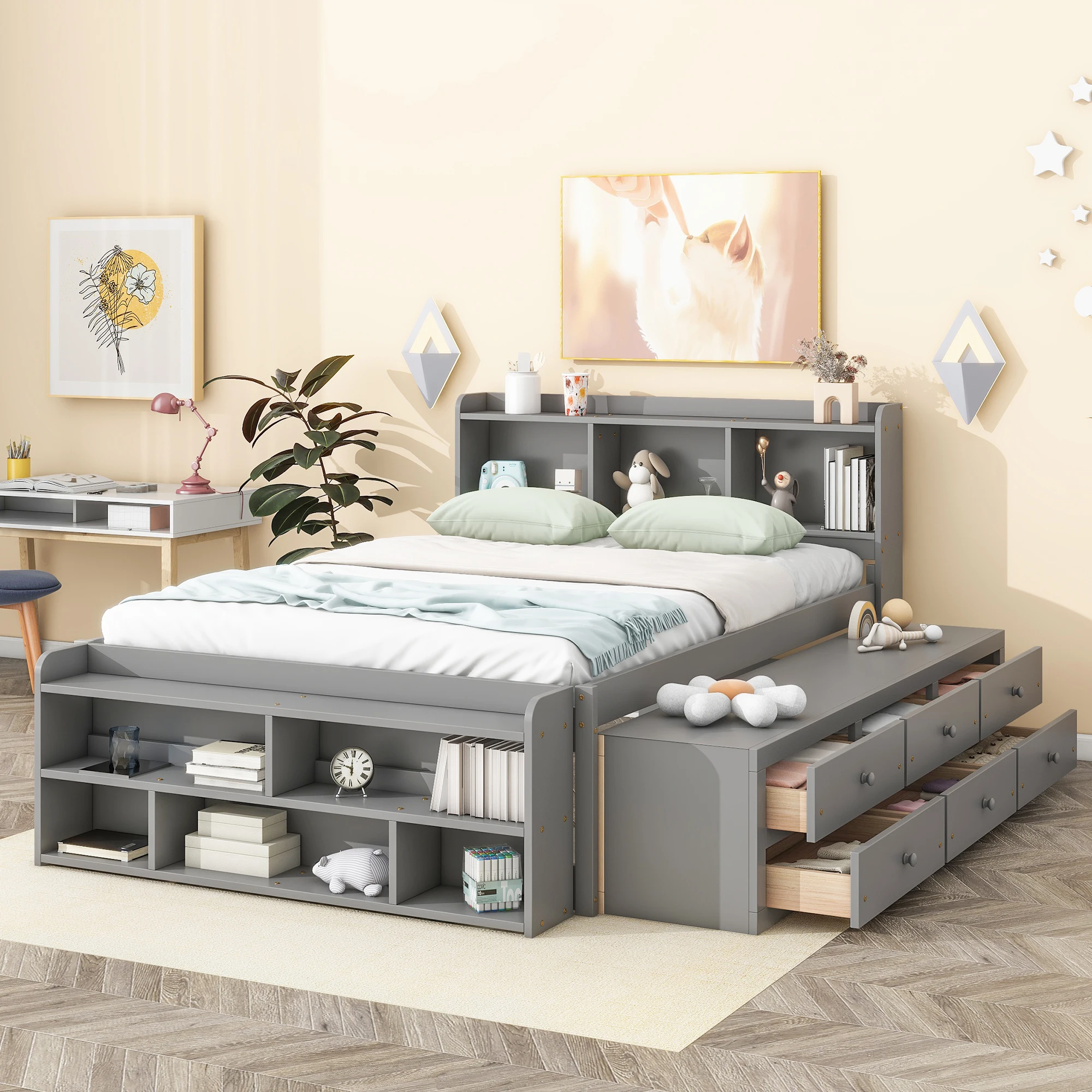 

Full Bed with Bookcase Headboard, Underbed Storage Drawers and End Storage Case, Grey 92.80x57.50x41.20 in.