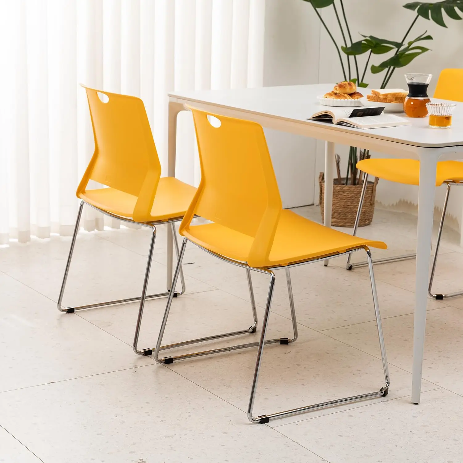 Stachairs Set Of 4, Stackable Waiting Room Chairs With Sturdy Metal Legs, Armless Reception Chairs For School, Home-Yellow