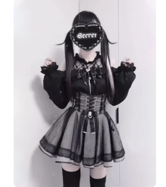 Sweet Girl Black Off-Shoulder Lace Shirt Versatile Long Sleeve Top and High-Waisted Plaid Short Puff Skirt Two-Piece Set