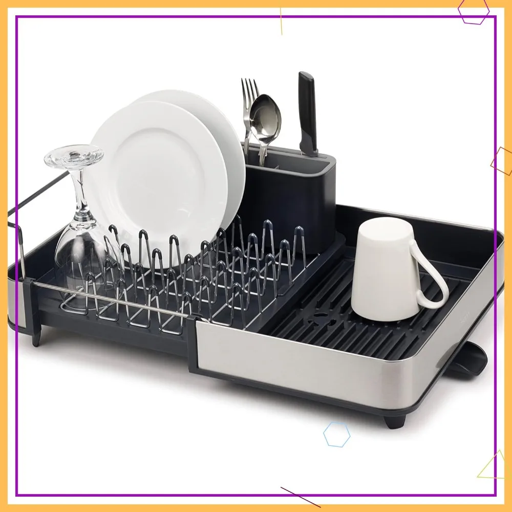 

Extendable Dish Drying Rack with Dual Parts - Stainless Steel, Non-Scratch, Movable Utensil Drainer & Drainage Spout
