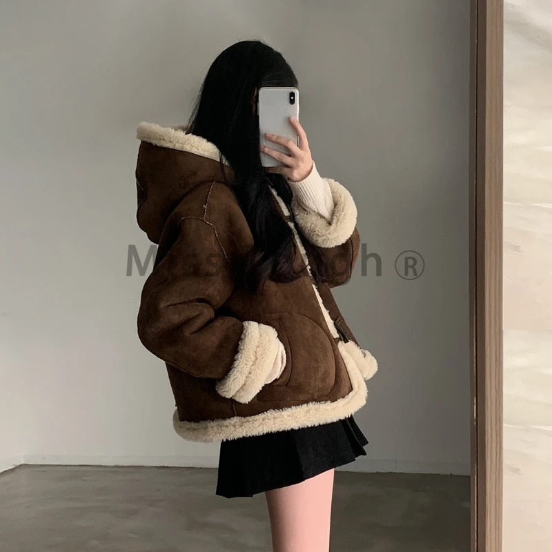 Korea Chic Winter Retro Loose Coat Women Y2k Horn Buckle Fur Brown Lamb Wool Jackets 2000s Long Sleeve Hooded Outerwear Clothes